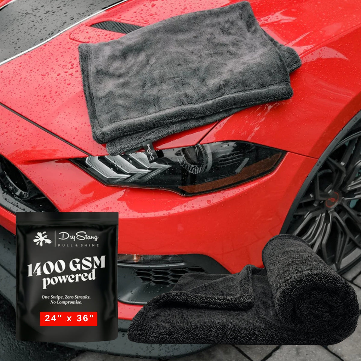 DryStang Mega drying towel displayed on a red Mustang